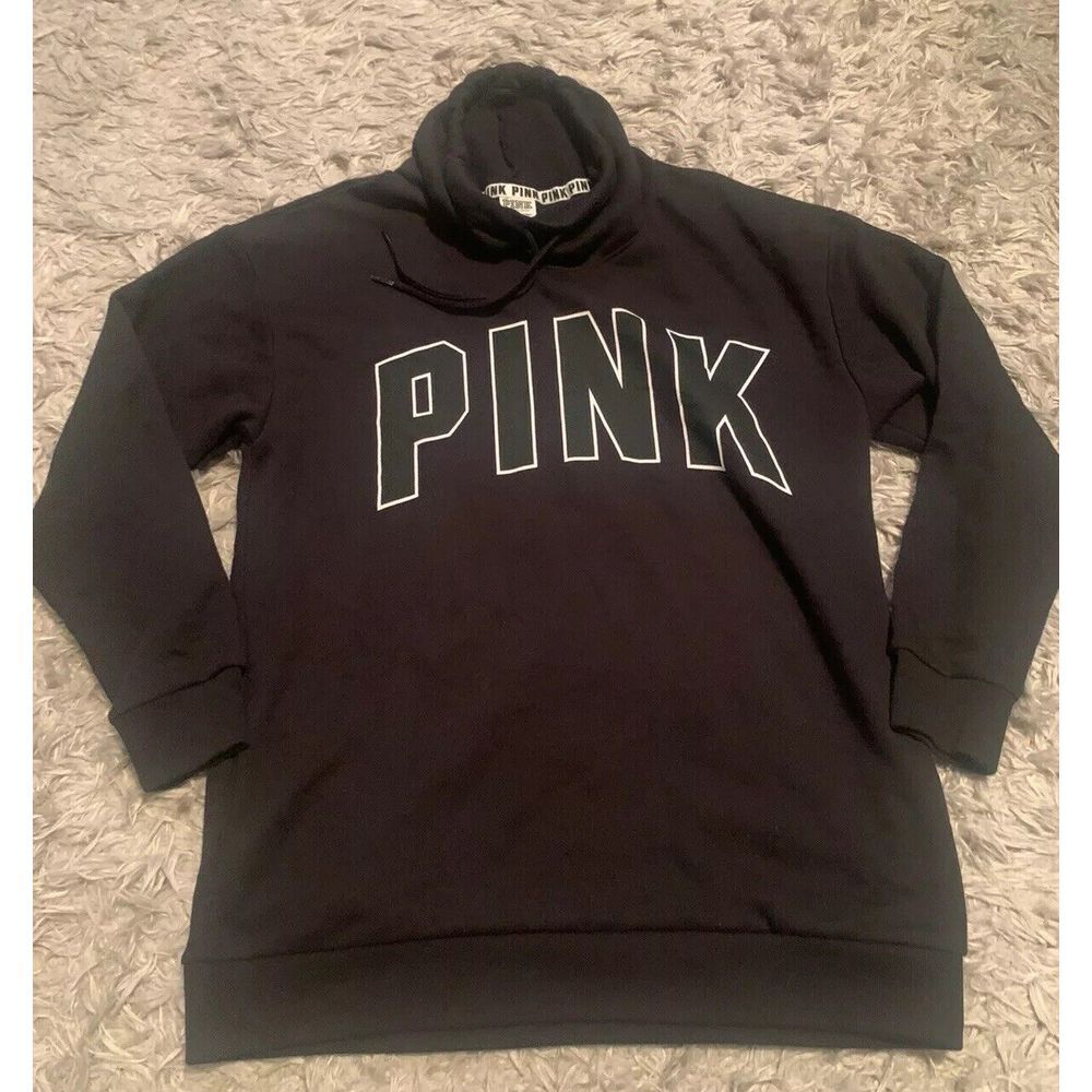 Victoria's Secret PINK Graphic Cowl Neck Pocket Pullover Sweatshirt Black Sz‎ XS